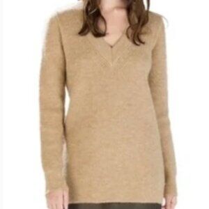 Zara Mohair Wool Fuzzy V Neck Sweater Camel Tan Small